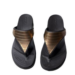 Crocs Monterey Rose Gold Metallic Wedge Flip Dual Comfort Black US Womens 7